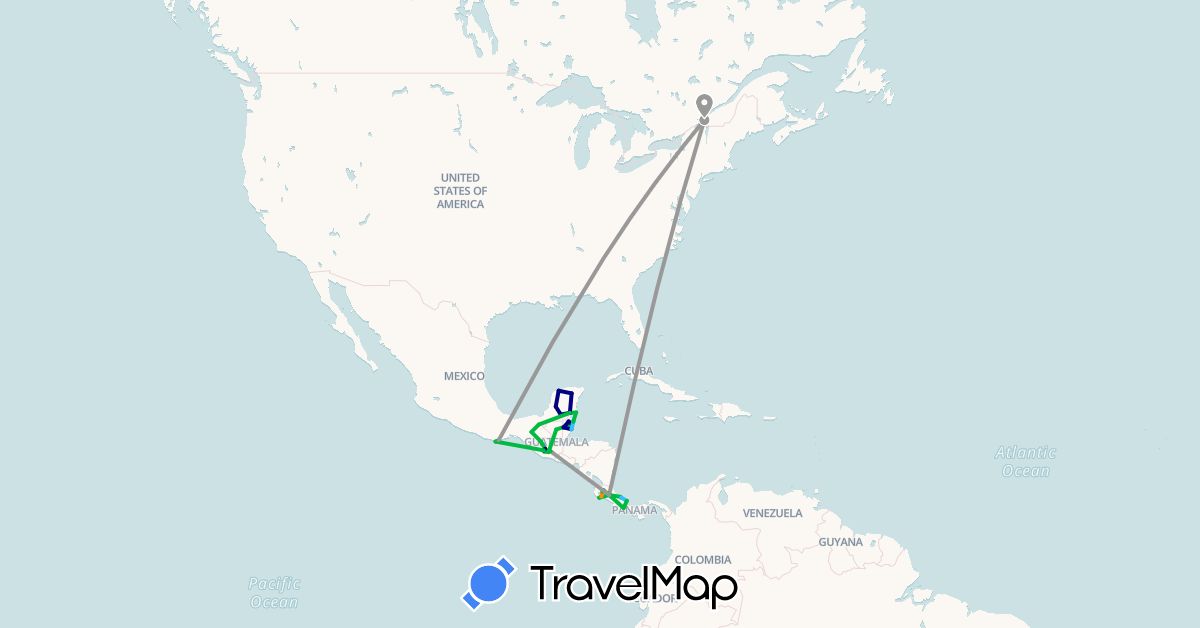 TravelMap itinerary: driving, bus, plane, boat, hitchhiking in Belize, Canada, Costa Rica, Guatemala, Mexico, Panama (North America)